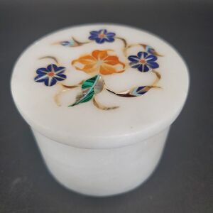 White Marble Trinket Box Semi Precious Stone Inlay Floral Jewelry Box